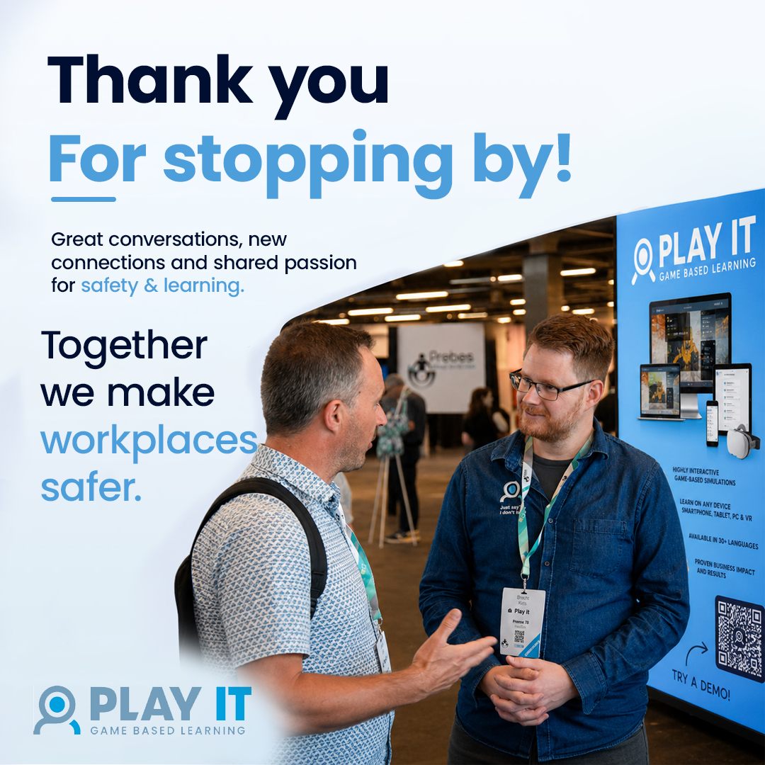LinkedIn-post voor PLAY IT met beursgesprek over veiligheid en game-based learning