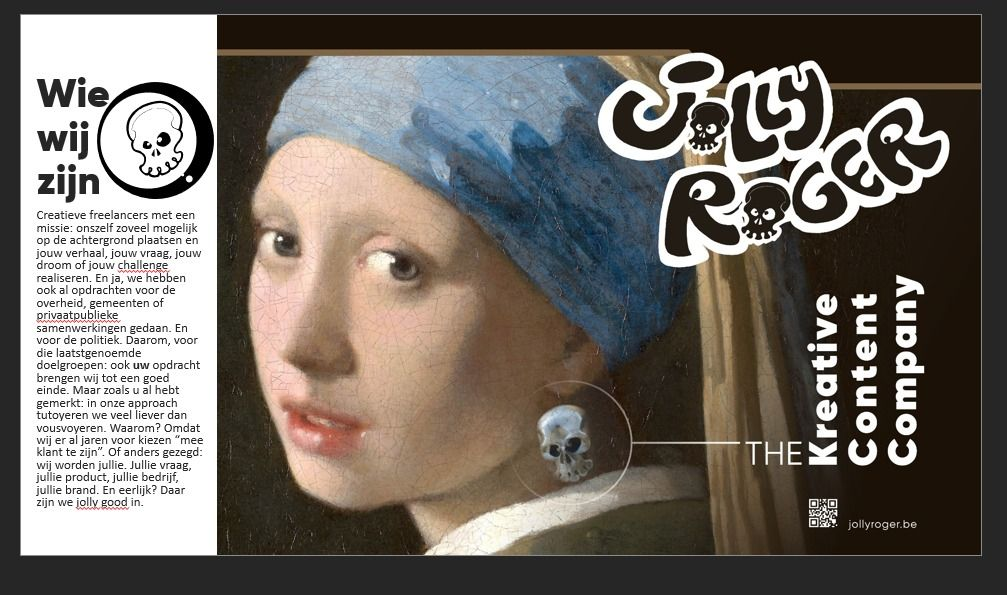 Creatieve presentatieslide voor Jolly Roger met klassieke kunst en grafische typografie, ontworpen door Tijs Van Besauw