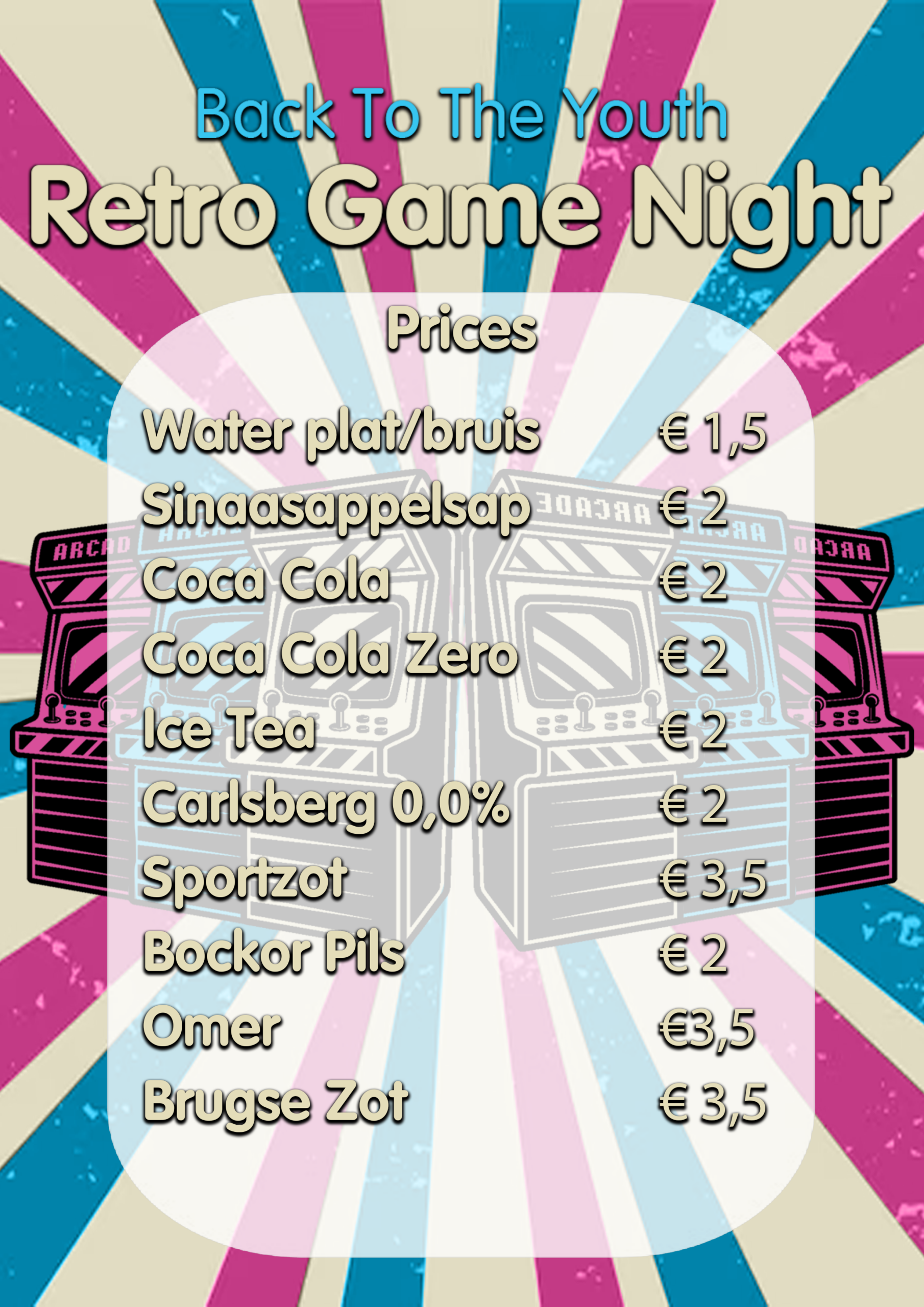 Prijslijst voor Retro Game Night in een kleurrijke arcadehuisstijl