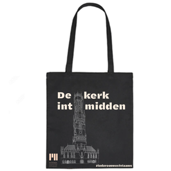 Donkere totebagmock-up met campagneontwerp De kerk int midden