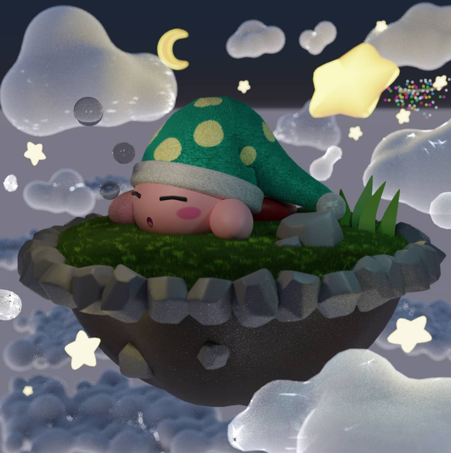 Slapende Kirby op een zwevend eiland in een sterrenhemel, een 3D-model van Tijs Van Besauw