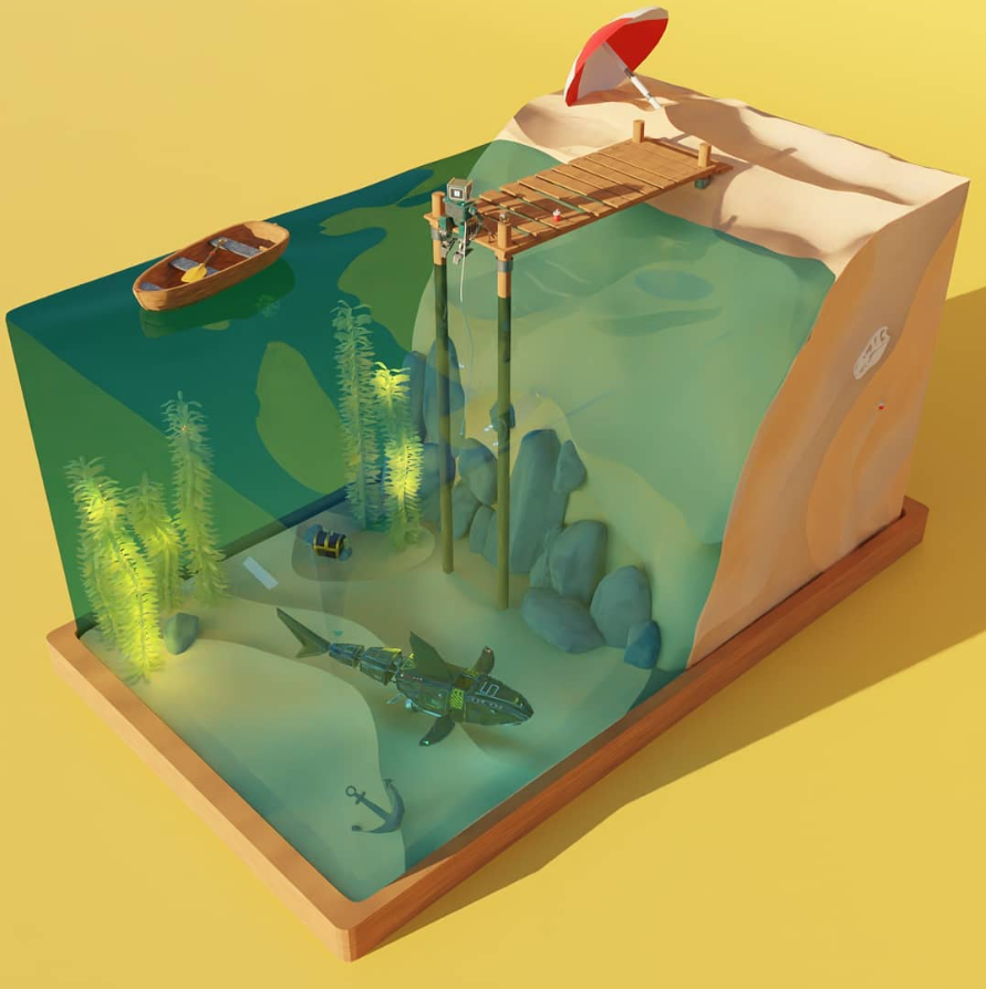 3D-onderwaterdiorama met steiger, duiker, boot en gezonken vliegtuig, gemaakt door Tijs Van Besauw