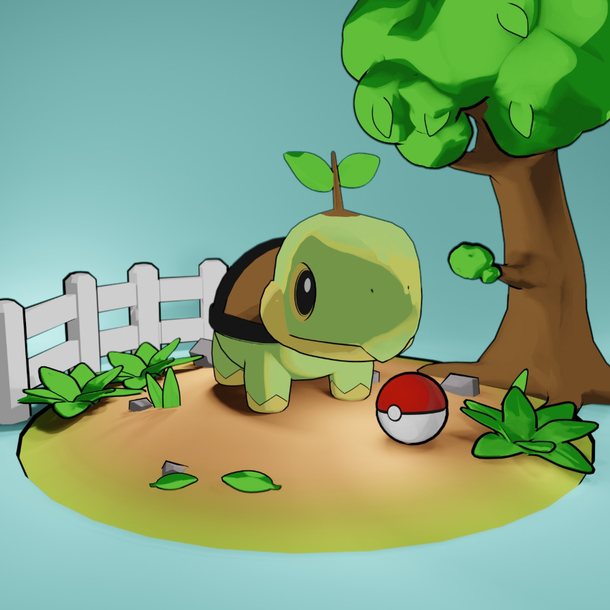 Gestileerde 3D-scène met Turtwig, Pokéball en boom, gemaakt door Tijs Van Besauw