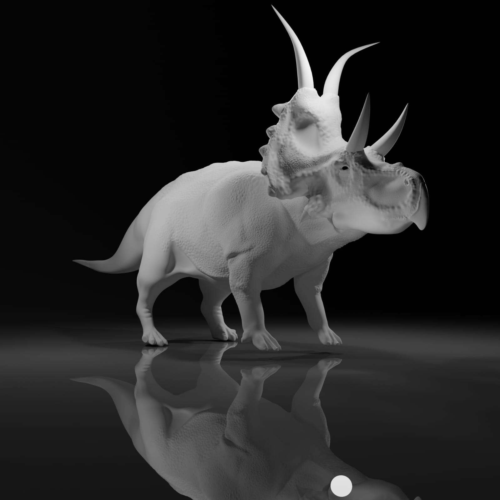 Gedetailleerd zwart-wit 3D-model van een gehoornde dinosaurus, gemaakt door Tijs Van Besauw